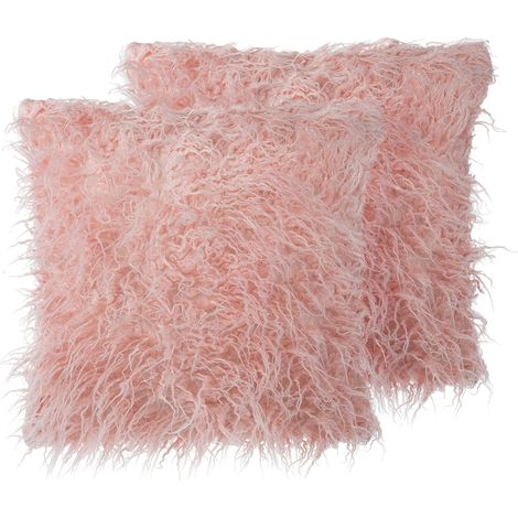 Set of 2 Decorative Cushions DAISY Faux Fur 45 x 45 cm Pink Solid