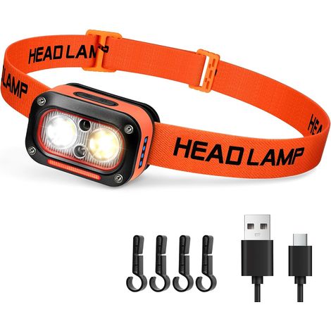 Lampe Frontale LED Ultra Puissante Rechargeable, Torche Frontales Lumière Blanche, Jaune, Rouge pour Casque de Chantier avec Détecteur de Mouvement, étanche pour Camping, Randonnée (1/5)