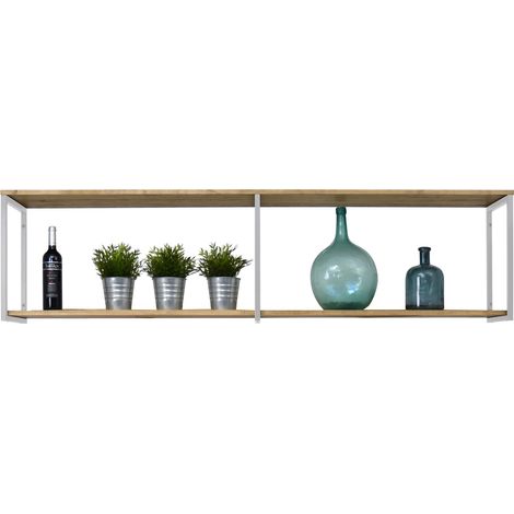 Estantería colgante iCub Big Wood 2 Estantes 3 Marcos 180x30x47cm Blanco en madera maciza de pino acabado vintage estilo industrial Box Furniture (1/4)