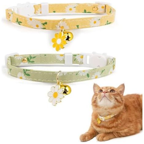 2er-Pack Baumwoll-Katzenhalsbänder mit Glocke, Gelbe und Grüne Blumenanhänger, Niedliches Katzenhalsband, Kätzchenhalsband (1/5)