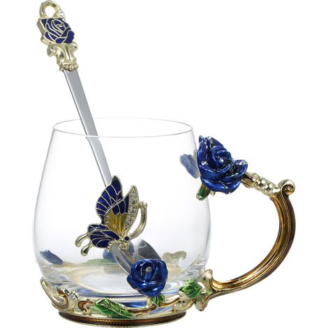 Set aus blau-rosa gemustertem Glasbecher mit Henkel, Tee-/Kaffeetasse mit Löffel, Reinigungstuch und Untersetzer für den täglichen Gebrauch zu Hause, für Partys, Snacks, zum Entspannen, als Geburtstag (1/2)