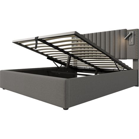 Cama con canapé 160x200 gris con cabecero ajustable, LED, USB-C y colchón (1/5)