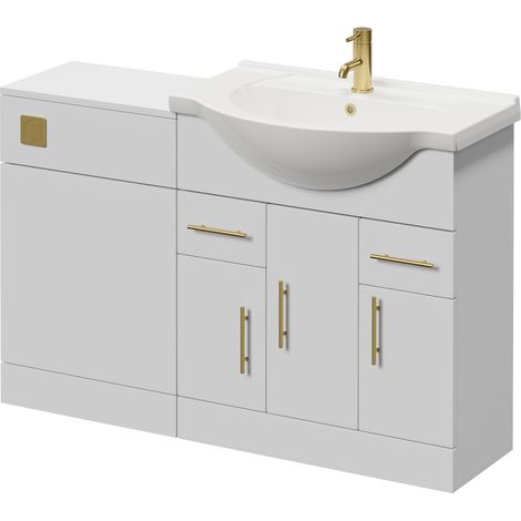 Alexander James Gloss White 1250mm 3 Door Vanity Unit Toilet Suite - 1250mm - Brushed Brass 96mm Bar HandleWithout James Toilet Pan
