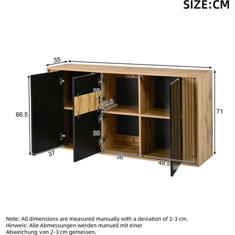 Buffet 140 x 35 x 71 cm 3 portes casiers de rangement motif ondulé finition haute brillance charge jusqu’à 60 kg coloris noir et (1/5)
