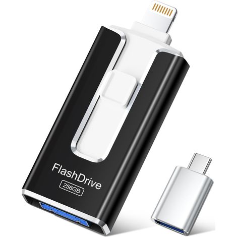Cle USB 256 Go, Clé USB iPhone MFI Certifié, 4 en 1 Clef pour iPhone/Android/Type C et PC, Cle USB C Photo Stick Mémoire Externe pour Stockage Photos, Vidéos, Fichiers(Noir) (1/5)