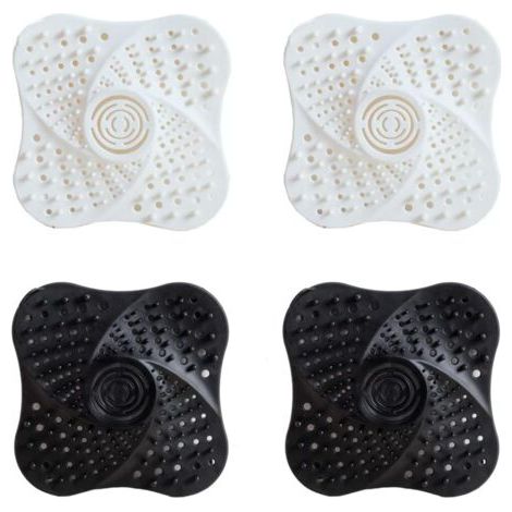 Set aus 4 Silikon-Spülsieben, Dusch-Haarsieb, Abflussschutz, Haarfänger mit Saugnapf, Verstopfungsschutz für Dusche, Abfluss, Badewanne und Spülbecken, Weiß Schwarz (1/5)