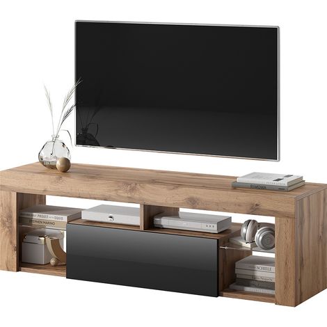 Selsey BIANKO - TV-Lowboard stehend in Lancaster Eiche/Schwarz Hochglanz mit Klappe, 140 cm