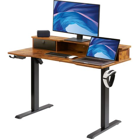 VEVOR Scrivania Regolabile in Altezza da Ufficio Home Office Studio Piano di Lavoro 1,2 x 0,6 m con Cassetti 2 Ripiani, Scrivania Ergonomica Altezza Regolabile Capacita Carico Massima 82 kg Marrone