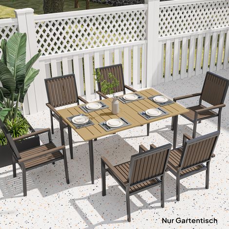 Gartentisch 150x90cm, Wetterfest Balkontisch aus Stahl, Balkontisch mit Schirmloch Braun