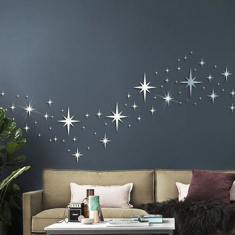 Lot de 82 autocollants muraux étoiles 3D – Autocollants miroir acrylique argenté – Différentes tailles pour décoration murale personnalisée