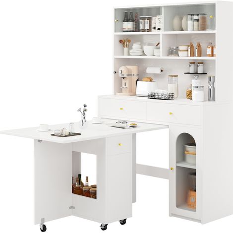 Set mobile cucina bianco con tavolo pieghevole e credenza alta in MDF (1/5)