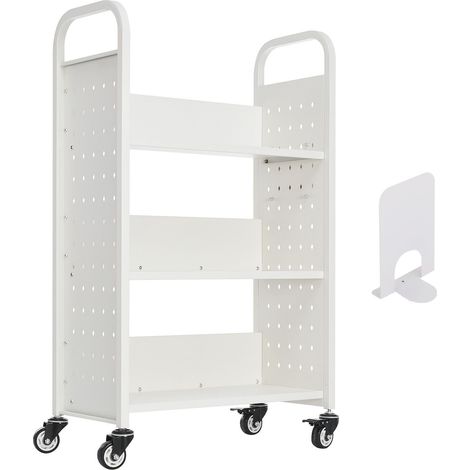 Rollbarer Bibliothekswagen, 150 kg, 77 x 38 x 122 cm, L-förmige Regalböden, feststellbare Rollen, Weiß (1/5)