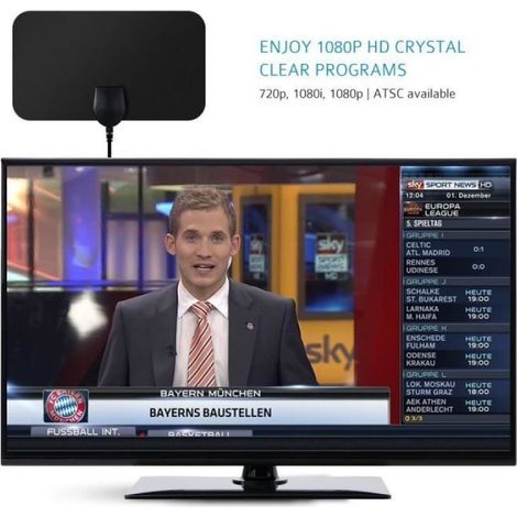 Antenne TNT Intérieure Antenne Numérique HDTV Aérienne Super Mince 25 Miles Plage avec 10ft Cable Coaxial de Haute Performance (1/4)