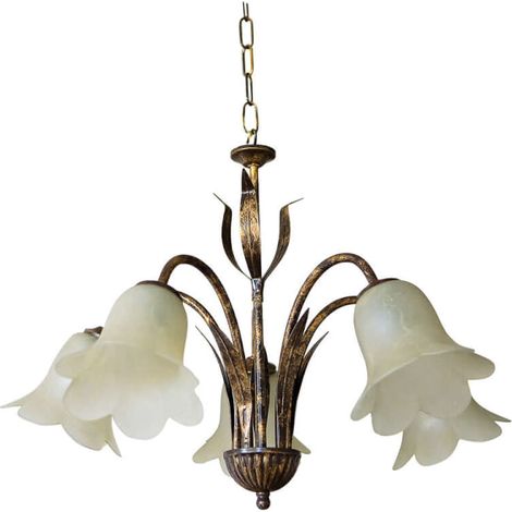 Lampadario con 5xE14, Montatura Marrone e Vetro Nuvolato (1/3)