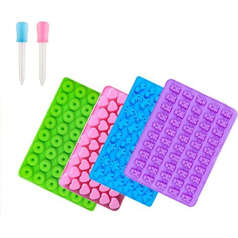 JSSEVN - Paquete de 4 moldes de silicona para caramelos y bandejas para cubitos de hielo con 2 goteros (1/5)