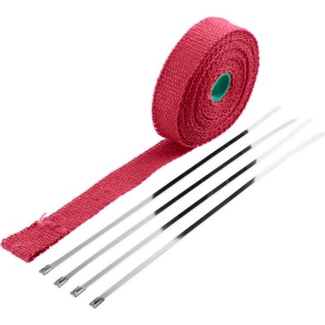 Bande d'isolation thermique universelle 25mm x 10m en fibre de verre avec 5 attaches zippées verrouillables Ruban Protection Bouclier Tuyau Moteur Echappement Isolant, rouge (1/4)
