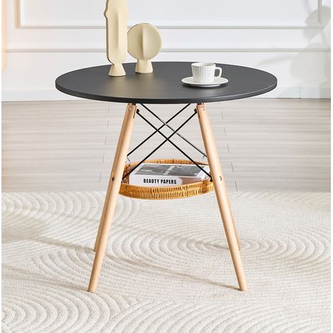 Runder Esstisch aus MDF und Massivholz, Schwarz/Holz, Ø 80 cm, mit geflochtenem Ablagekorb, für 2–4 Personen