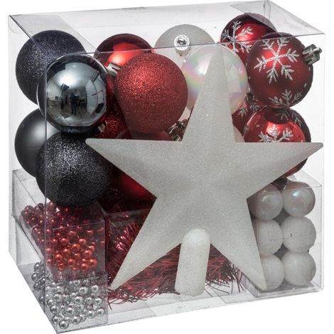 Kit de 44 décorations pour sapin - Rouge et gris - Guirlandes, boules et cimier - Livraison gratuite (1/2)