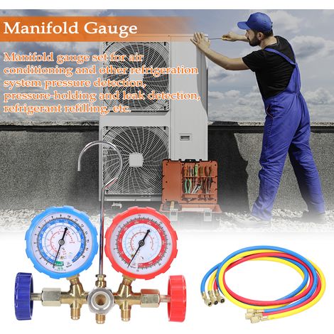 Ortviai Manomètre de climatisation double manette en laiton pour R12/R22/R134a/R502 – 3 flexibles de 1,5 m, pression max 500 PSI
