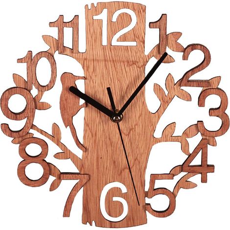 Reloj de pared de madera con forma de árbol, silencioso, redondo, anti-tictac, para cocina, sala de estar, dormitorio, oficina (211129GS05-1) -Crezuo