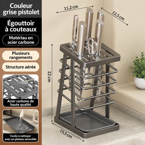 Porte-couteaux gris universel compatible avec tous types de couteaux avec bac récupérateur d'eau en acier au carbone pour cuisine 1 kg – Livraison gratuite