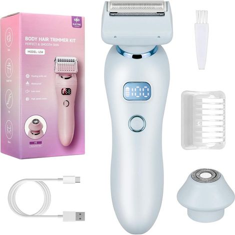 Waterproof 2-in-1 electric shaver for women with LED display, for wet and dry shaving, painless hair removal for face, legs, underarms, bikini line and pubic hair, USB-C rechargeable, blue (1/5)