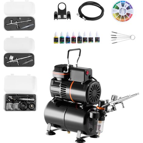 Mophorn Kit de aerografía con compresor de aire de 1/6 HP, tanque, 3 aerógrafos de doble acción con boquillas, manguera, 6 pinturas acrílicas, ideal para decoración de pasteles, maquetas y uñas