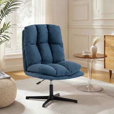 Butaca de Salón Giratorio 360° Altura Ajustable Asiento Ancho Tapizado en Lino Base de Metal Azul Oscuro (1/5)