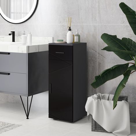 Badezimmerschrank mit Schublade und verstellbarem 2-stufigem Ablagefach, Holzschrank, 30 x 30 x 82 cm, Schwarz und Dunkelgrau