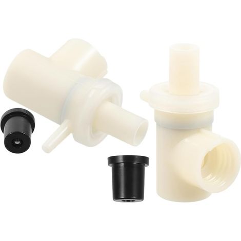 Due pompe di ricambio per dispenser di sapone a parete, adatte per lozioni e saponi liquidi, realizzate in plastica bianca. (1/5)