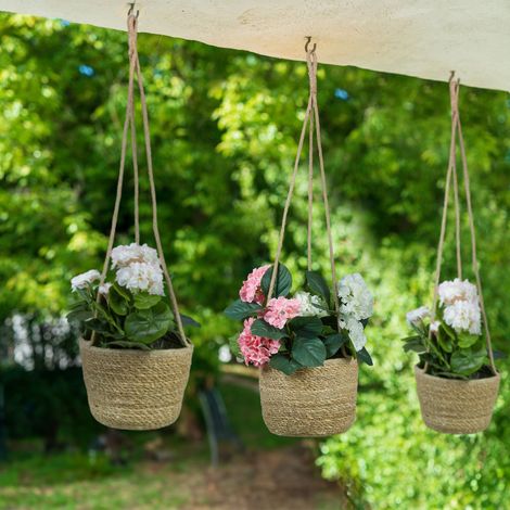 Relaxdays Seegras Blumenampel 3er Set, hängend, Blumen & Hängepflanzen, Hängekorb mit Folie, 3 Größen, Pflanzkorb, natur