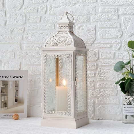 Lanterne Métallique de Style Rustique, Grande Lanterne Porte-Bougie Décorative avec Verre Trempé pour Thanksgiving, Noël, Salon, Jardin, Patio, Soirées, Intérieur/Extérieur (Crème) (1/5)