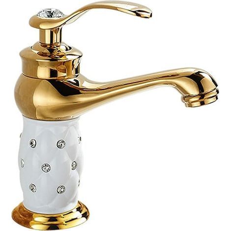 Single-hole basin tap, bathroom sink tap, hot and cold water tap (gold, water supply hose included) (1/4)