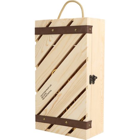 Red Wine Box Wooden Slanted Bar Wine Gift Box Holder with Handle Rope for 2 Bottles of Wine