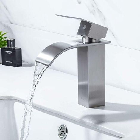 Mitigeur cascade brossé monotrou laiton pour vasque salle bain (1/5)