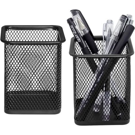 Porte-Stylos - Grille Métallique Creuse - Noir - 10 x 9 cm - Pour Bureau Étudiant Ou Professionnel - Lot de 2 (1/5)