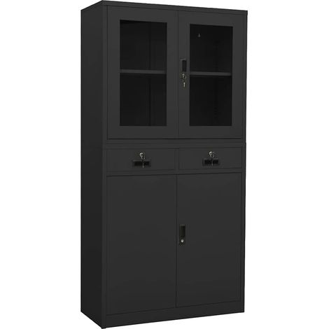 Armoire de bureau Meuble de Rangement - Style Contemporain Anthracite 90x40x180 cm Acier et verre trempé BV603045 - BonneVie (1/5)