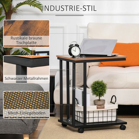 Table d'appoint HOMCOM en forme de C, chariot mobile à roulettes, desserte pour ordinateur portable, table basse, table de chevet, structure métallique, design industriel, noir et noyer, 51x36x65 cm