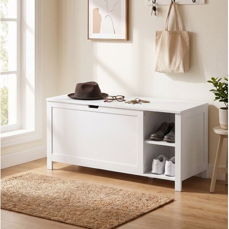 Portascarpe 100x40x48,5 cm con vano sollevabile e ripiano regolabile, struttura in legno bianco, per ingresso (1/5)