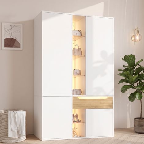 Armoire de chambre 122x50x200 cm, Penderie dressing avec éclairage LED et vitrine en verre, avec 1 tringle et 1 tiroir, en MDF, Blanc (1/5)