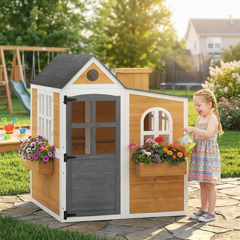 Holzspielhaus für Kinder, geeignet für drinnen und draußen, mit Tür, Fenstern, 3 Blumenkästen, gelb