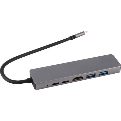 Hub USB-C vers USB-C 6 en 1 en métal gris léger avec 3 ports USB 3.0, HDMI, RJ45, Ethernet, carte microSD et adaptateur OTG (1/5)