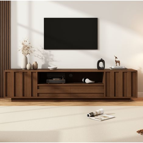 MODFU – Mueble TV 180x40x45 cm de MDF y aglomerado con 2 cajones, 2 puertas, relieve 3D, para TV hasta 75 pulgadas, pasacables y carga 60 kg – Nogal (1/5)