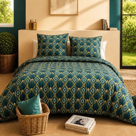 Parure housse de couette 260x240cm + 2 taies motif art-déco bleu et jaune 100% coton - LIRIKA (1/4)