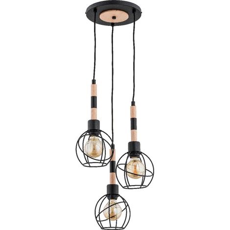 Alfa Bilbao Triple Pendant Ceiling Light, Matte Black Metal with Light Wood Accents, 3x E27 Sockets (Max 15W), IP20 Indoor Hanging Lamp, Height 91 cm, for Dining and Living Rooms
