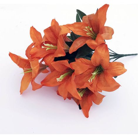2 Pièces Lys Artificiel 10 Têtes Faux Lys Fleur Artificielle Décoration De Fête De Mariage Bouquet Maison Hôtel Bureau Jardin Artisanat Art Décor Orange Foncé (1/4)