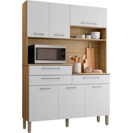 Buffet de Cuisine 6 Portes 3 Tiroirs 9 Niches Chêne Blanc L 138.5 H 195 P 38.8 cm