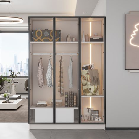 Armario de aglomerado blanco con 3 puertas de cristal, 1 cajón, barra para colgar, hueco abierto y LED 110x50x160 cm (1/5)