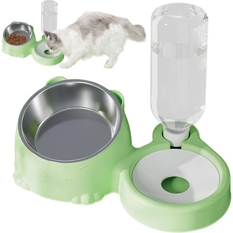 Katzenfutter- und Wasserset, schräger Futternapf, Edelstahlnapf, automatischer Wasserspender.