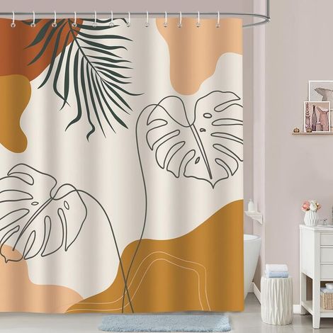 Mid Century Abstract Bohemian Leaves Shower Curtain Polyester Fabric Bath Curtain Anti Mould Waterproof Washable Bathroom Curtain 180 x 180 cm with 12 Hooks (1/5)